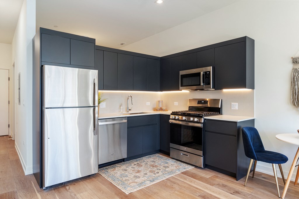 a kitchen with black cabinets and stainless steel appliances and a refrigerator