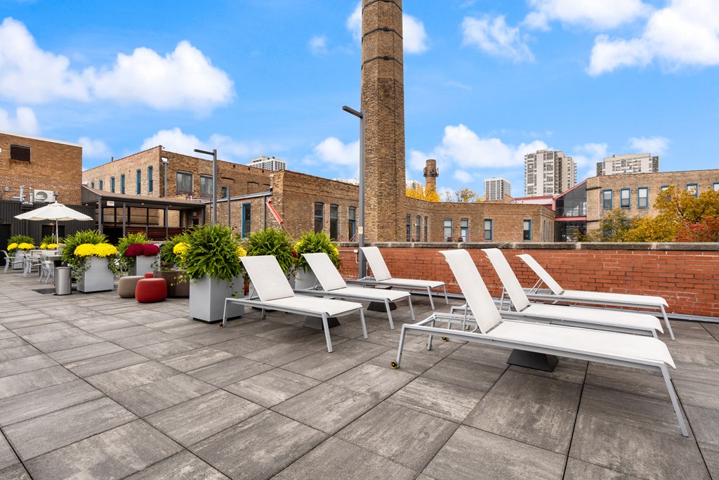 the rooftop patio of a building with white lounge chairs and potted plants