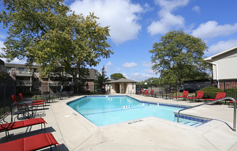 our apartments have a swimming pool with chairs and trees