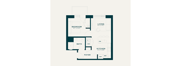 A floor plan of a living space with a bedroom, bathroom, kitchen, and foyer.