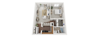 a stylized floor plan with a bedroom and a bathroom
