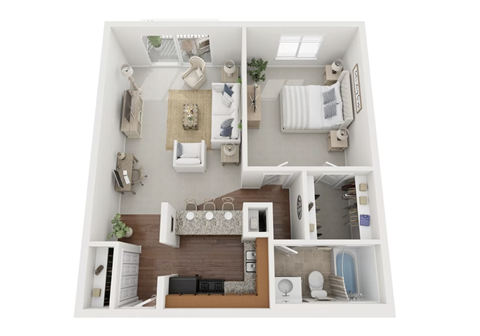 a stylized floor plan with a bedroom and a bathroom