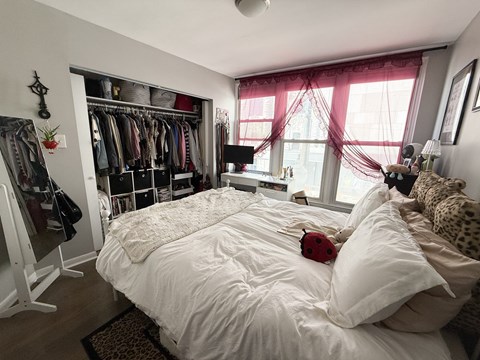 A bedroom with a large bed and a closet with clothes.