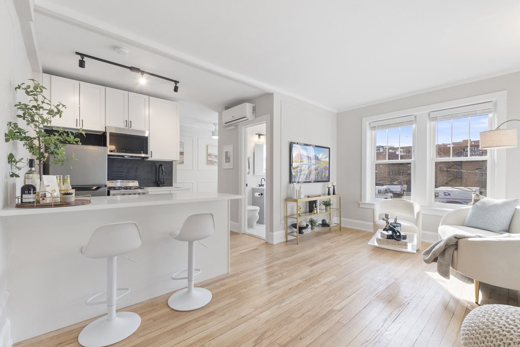 a living area with a kitchen and a living room