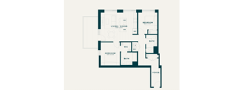 A floor plan of a house with two bedrooms, a living room, a bathroom, and a foyer.