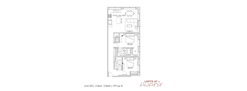 A floor plan for a 1171 sq. ft. apartment with two bedrooms and two bathrooms.