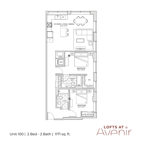 A floor plan for a 1171 sq. ft. apartment with two bedrooms and two bathrooms.