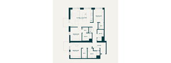 A floor plan of a house with a living/kitchen area, two bedrooms, two bathrooms, a foyer, and a wine cellar.