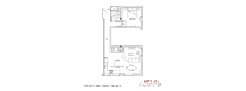 A floor plan for a 1 bedroom, 1 bathroom apartment sized at 982 sq. ft.