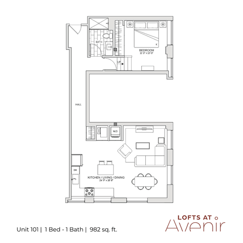 A floor plan for a 1 bedroom, 1 bathroom apartment sized at 982 sq. ft.