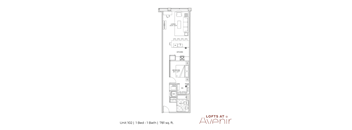 A floor plan for a one bedroom apartment with a bathroom and a kitchen.
