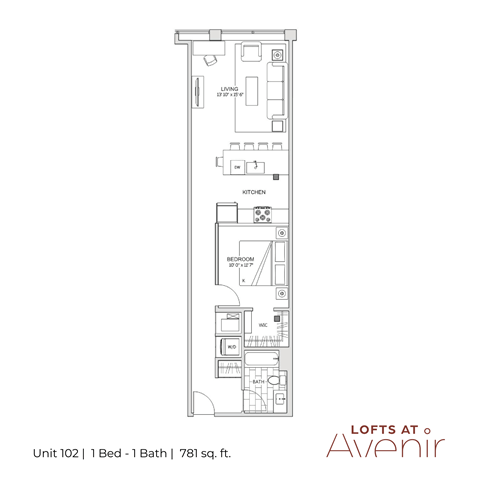 A floor plan for a one bedroom apartment with a bathroom and a kitchen.