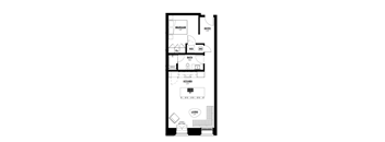 A floor plan of an apartment with a living room, kitchen, bathroom and bedroom.