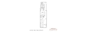 A floor plan for Lofts at Avenir showing a bedroom, living room, kitchen, and bathroom.