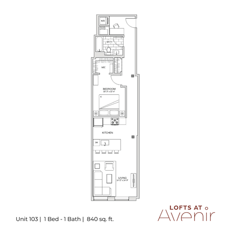 A floor plan for Lofts at Avenir showing a bedroom, living room, kitchen, and bathroom.