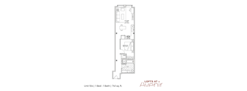 A floor plan for a one bedroom apartment at Lofts at Avenir.
