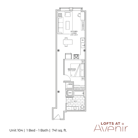 A floor plan for a one bedroom apartment at Lofts at Avenir.