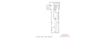 A floor plan for Lofts at Avenir showing a 1 bedroom, 1 bathroom unit.