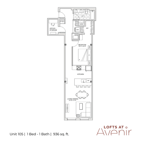 A floor plan for Lofts at Avenir showing a 1 bedroom, 1 bathroom unit.
