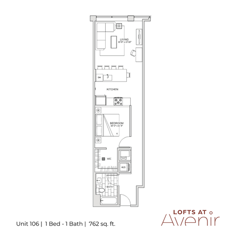 A floor plan for a one bedroom apartment at Lofts at Avenir.