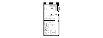 A black and white floor plan of a house with a living room, kitchen, bathroom, and bedroom.