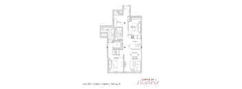 A floor plan of a two bedroom apartment with two bathrooms.