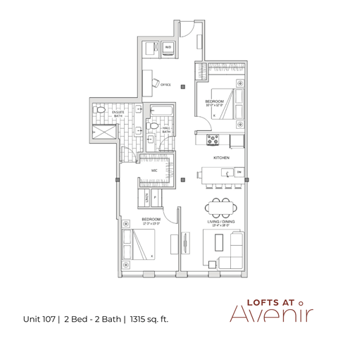 A floor plan of a two bedroom apartment with two bathrooms.