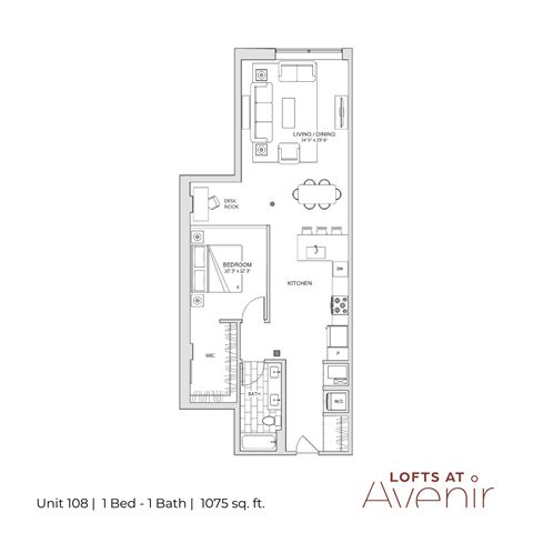A floor plan of a one bedroom apartment with a bathroom.
