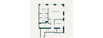 A floor plan of a house with two bedrooms, a kitchen, a living room, two bathrooms, and a foyer.