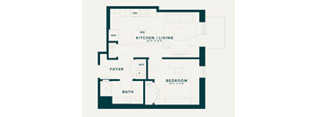 A floor plan of a small apartment with a kitchen, living room, bedroom, bathroom, and foyer.