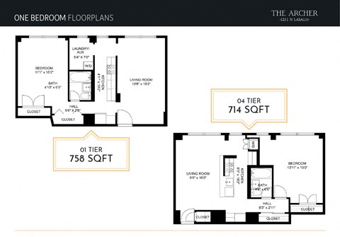 One bedroom floor plan of an apartment at The Archer