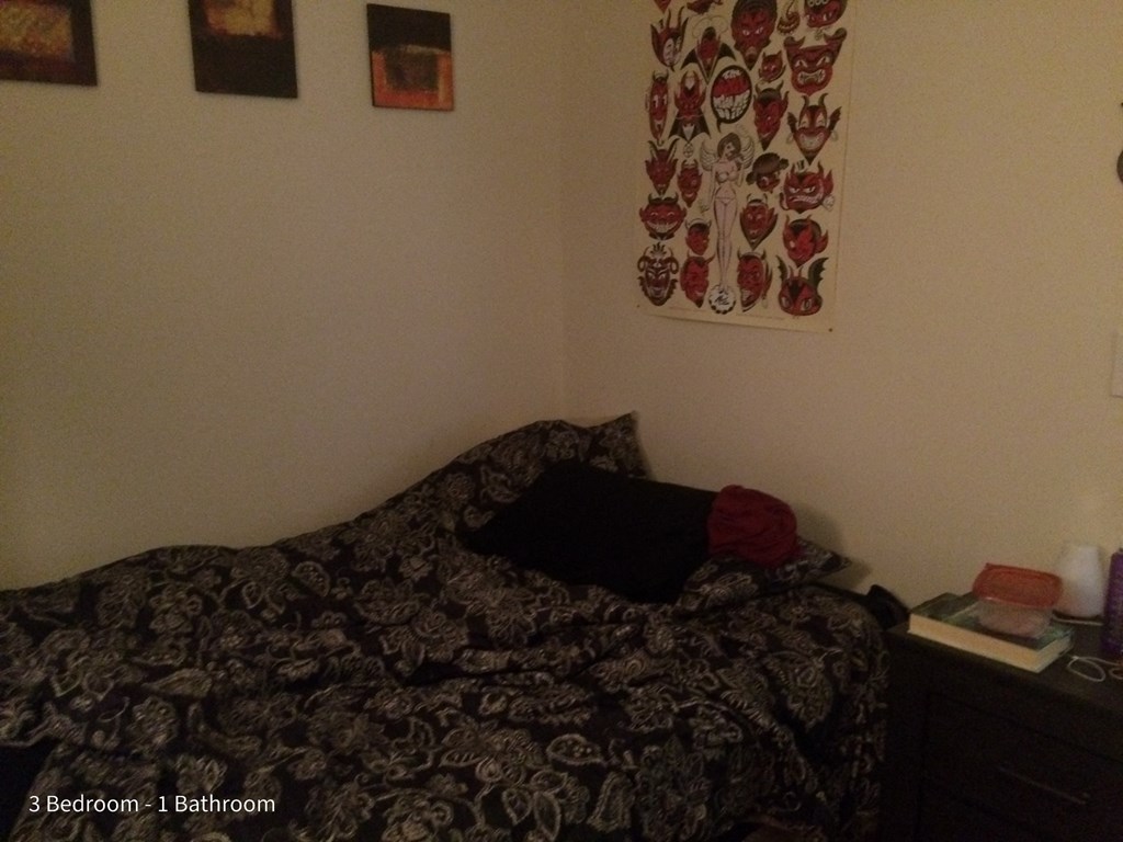 a bedroom with a bed and a curtain on the wall