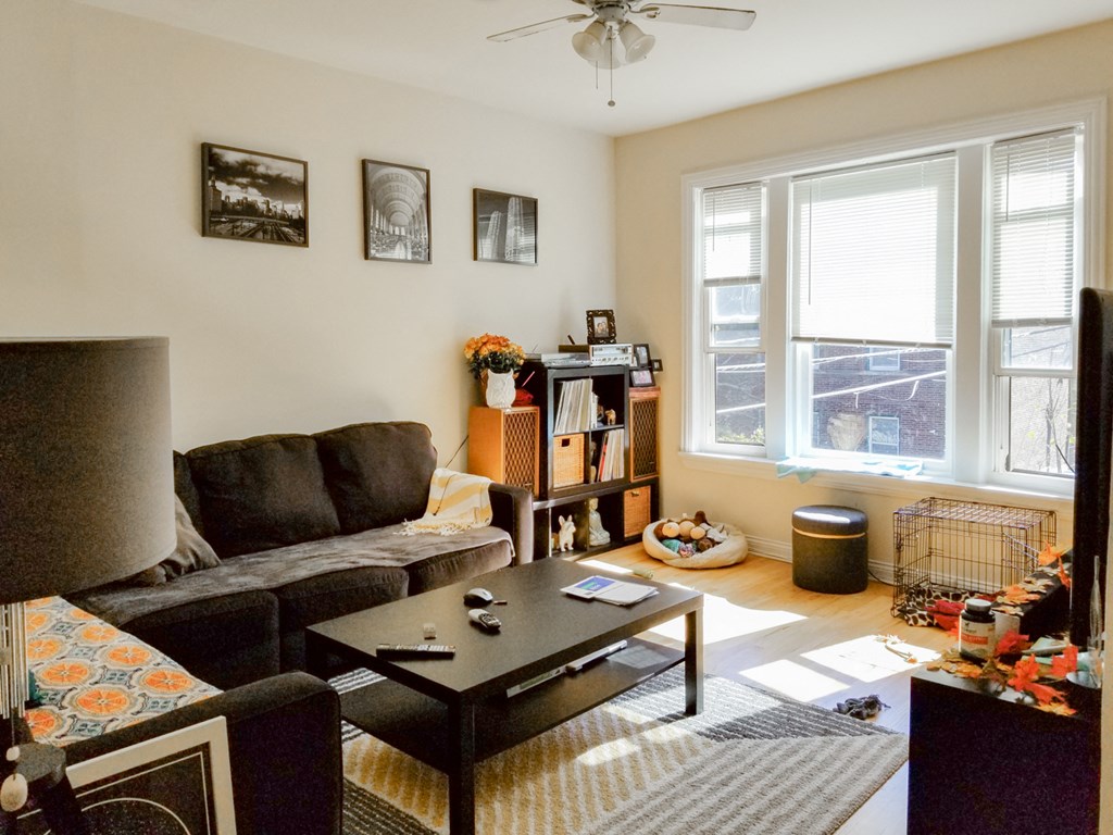 a living room with a couch and a coffee table
