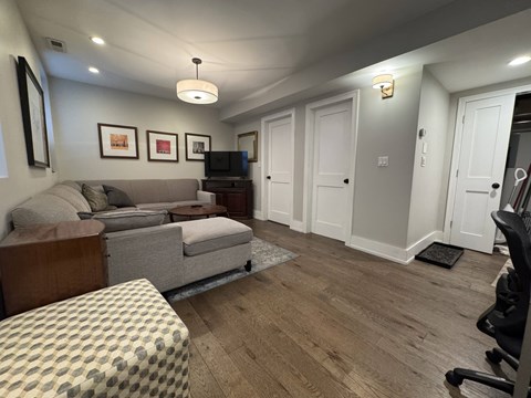 A living room with a grey couch and a television.