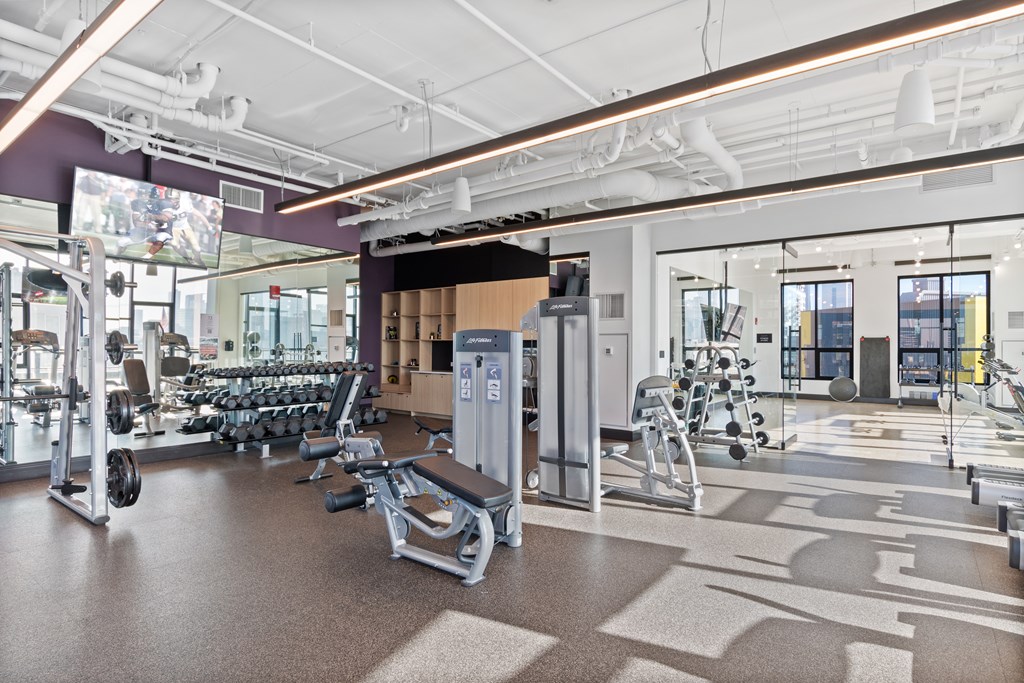 A gym with a variety of equipment including weights and cardio machines.