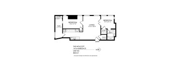 A floor plan of a one bedroom apartment with a living room and a closet.