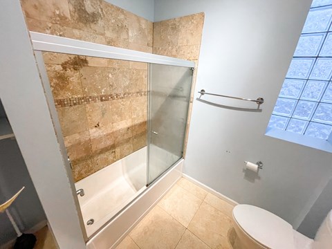A bathroom with a walk-in shower and a toilet.