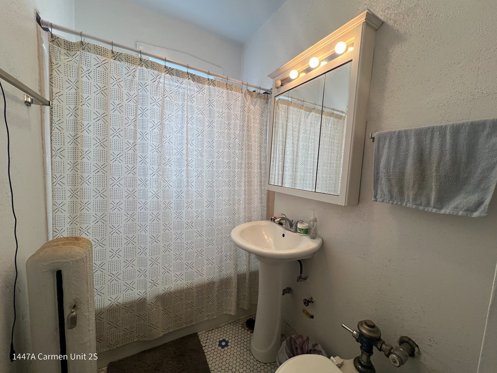 a bathroom with a sink and a mirror and a shower