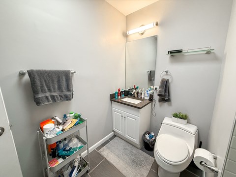A bathroom with a toilet, sink, and a mirror.