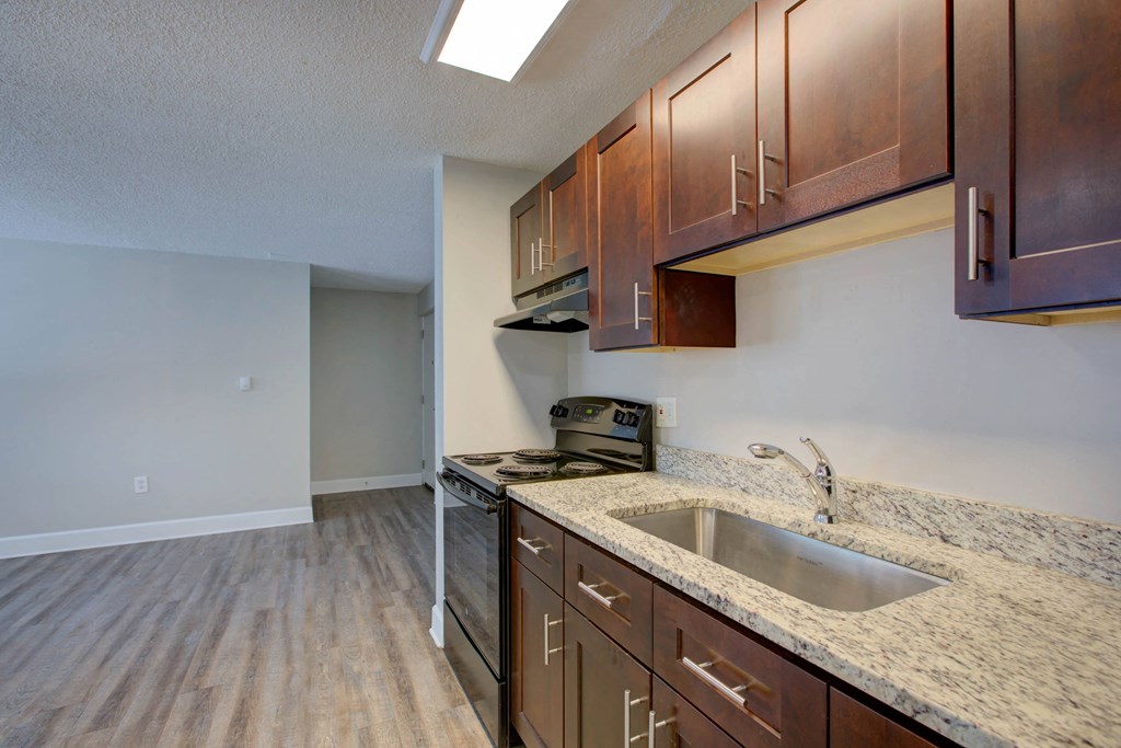 a kitchen with granite counter tops and a sink