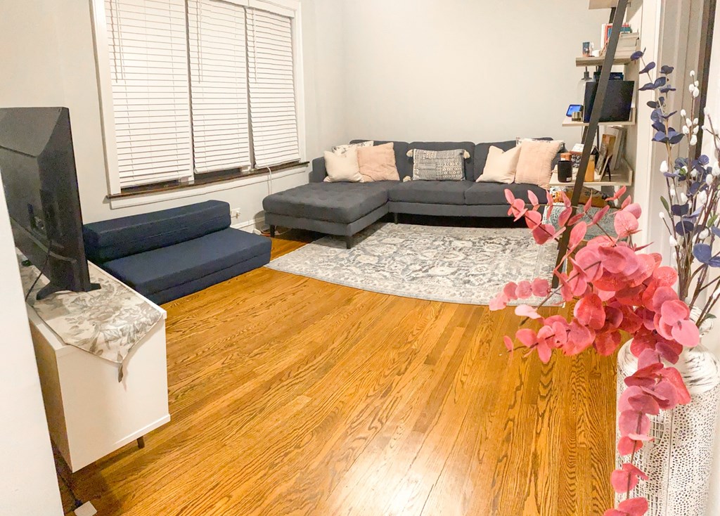 A living room with a grey couch, a blue couch, a television, and a wooden floor.