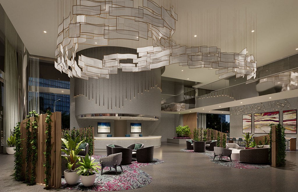 a rendering of a lobby with a chandelier and plants