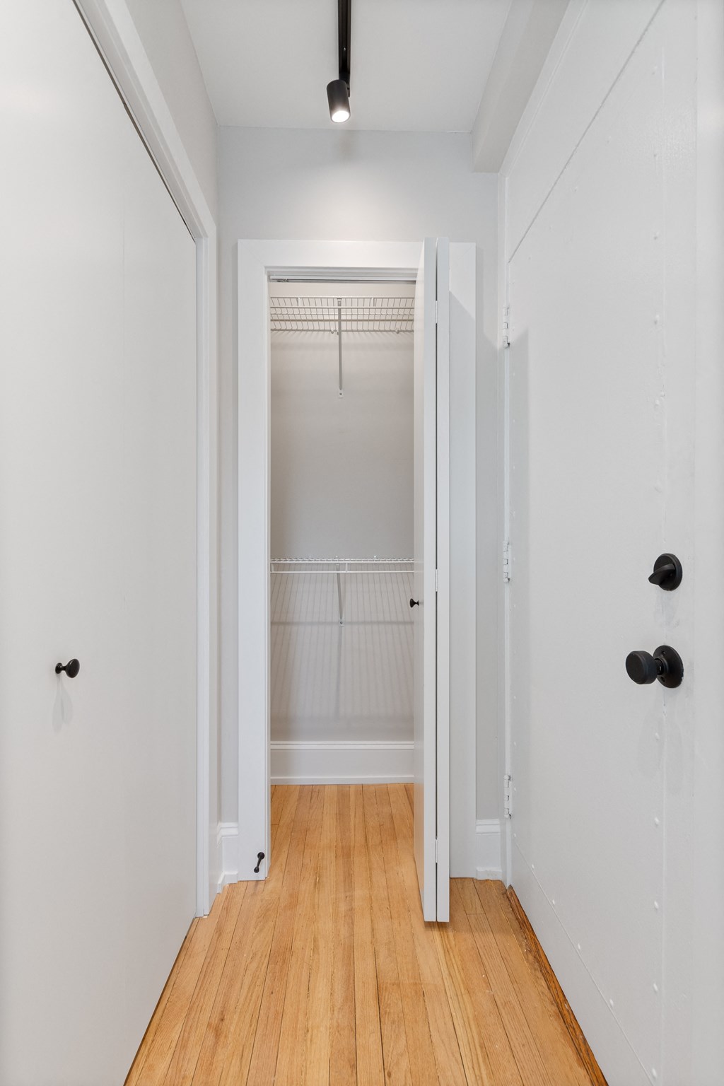 a room with white walls and a wooden floor and a closet with a white door
