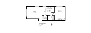 A floor plan of an apartment at 1536 Vine Street shows a living room, kitchen, bedroom, and two closets.
