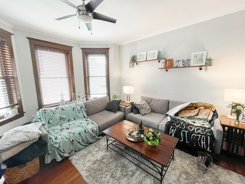 A living room with a grey couch and a coffee table.