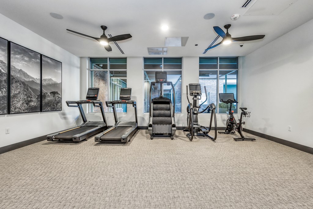 the gym with treadmills and cardio equipment at the preserve at great neck apartments