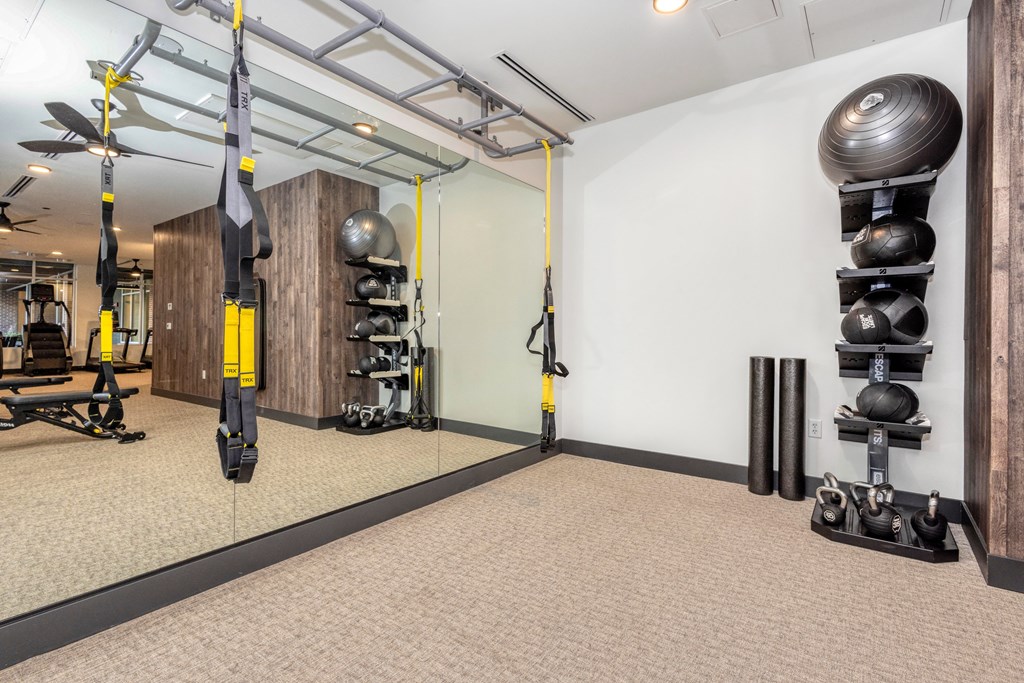a gym with weights and weights on the wall and a mirror in the corner