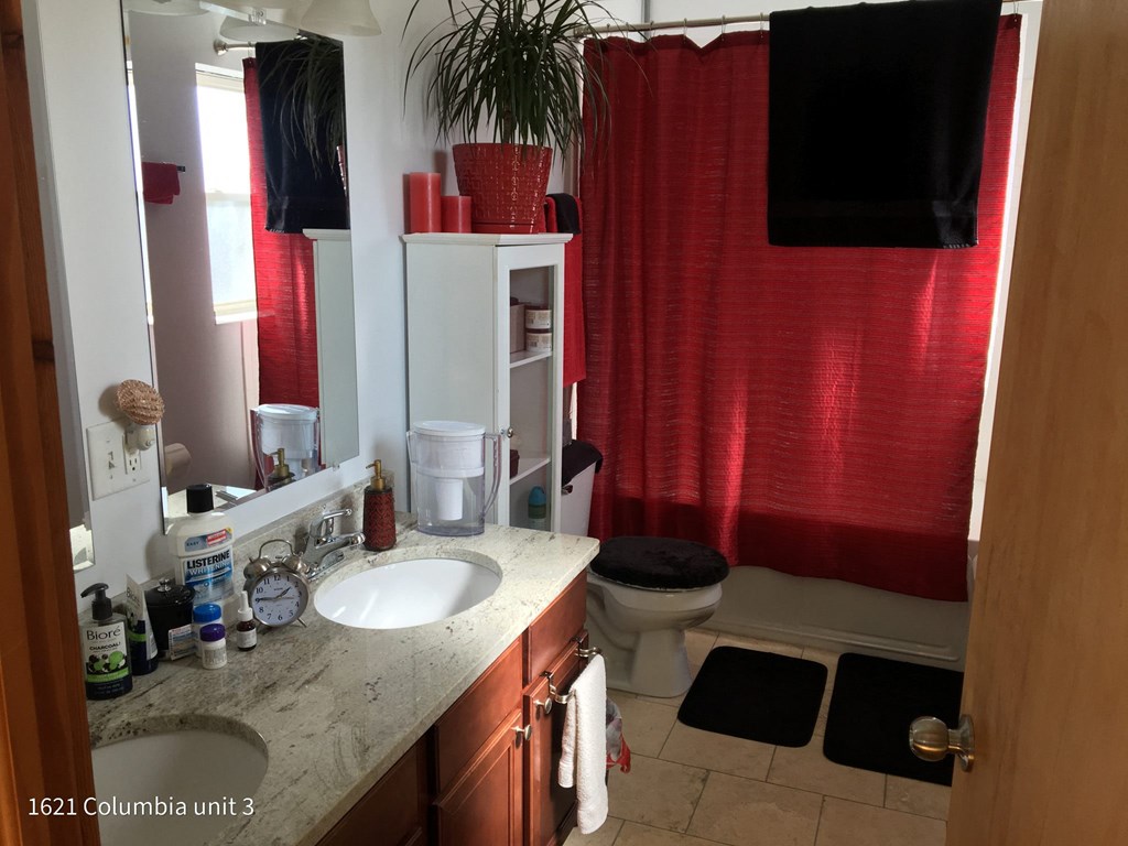 a bathroom with a sink and a toilet and a red shower curtain