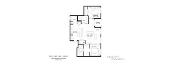 A floor plan for a home with two bedrooms, two bathrooms, a living room, dining room, and kitchen.