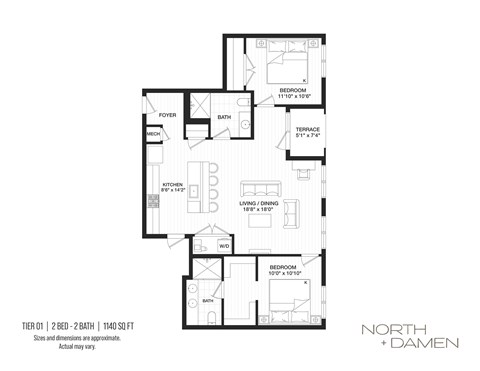 A floor plan for a home with two bedrooms, two bathrooms, a living room, dining room, and kitchen.